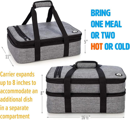 VP Home Large Casserole Carrier - Double Compartment Insulated Bag for Hot or Cold Food - Cupcake Carrier - Insulated Tote Bag with Lid for Travel Parties or Food Transport Containers - Heather Gray