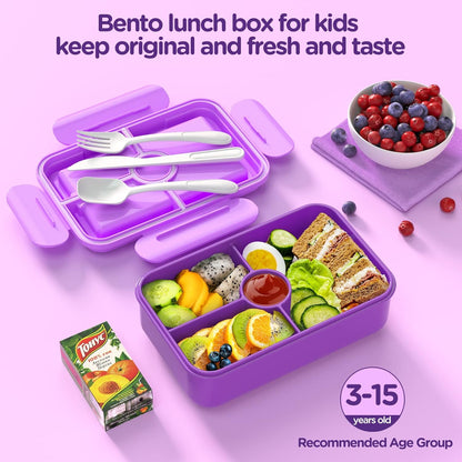 Jelife Bento Lunch Box for Kids - Leakproof Large Bento-Style with 4 Compartments Portions Lunchbox with Tableware Back to School, Reusable On-the-Go Meal and Snack Packing, Blue