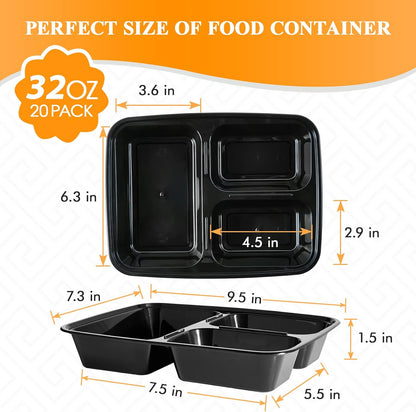 MUCHII 32 oz 3 Compartment Meal Prep Containers With Lids 20 Count To Go, Plastic Disposable Food Containers Microwave and Freezer Safe