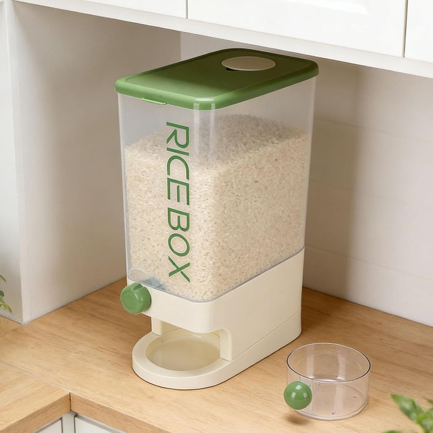 TARSHYRY Rice Dispenser, Large Capacity 10kg Airtight Space Saving Grain Storage Container with Measuring Cup, for Rice Beans Corn Tapioca (Green)