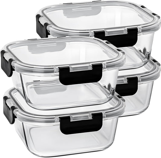 27 oz Glass Food Storage Containers with lids, 4 Pack Square Sandwich Containers/Box for Meal Prep, 3.3 Cup Glass Meal Prep Containers, Microwave, Oven, Freezer and Dishwasher, BPA-free
