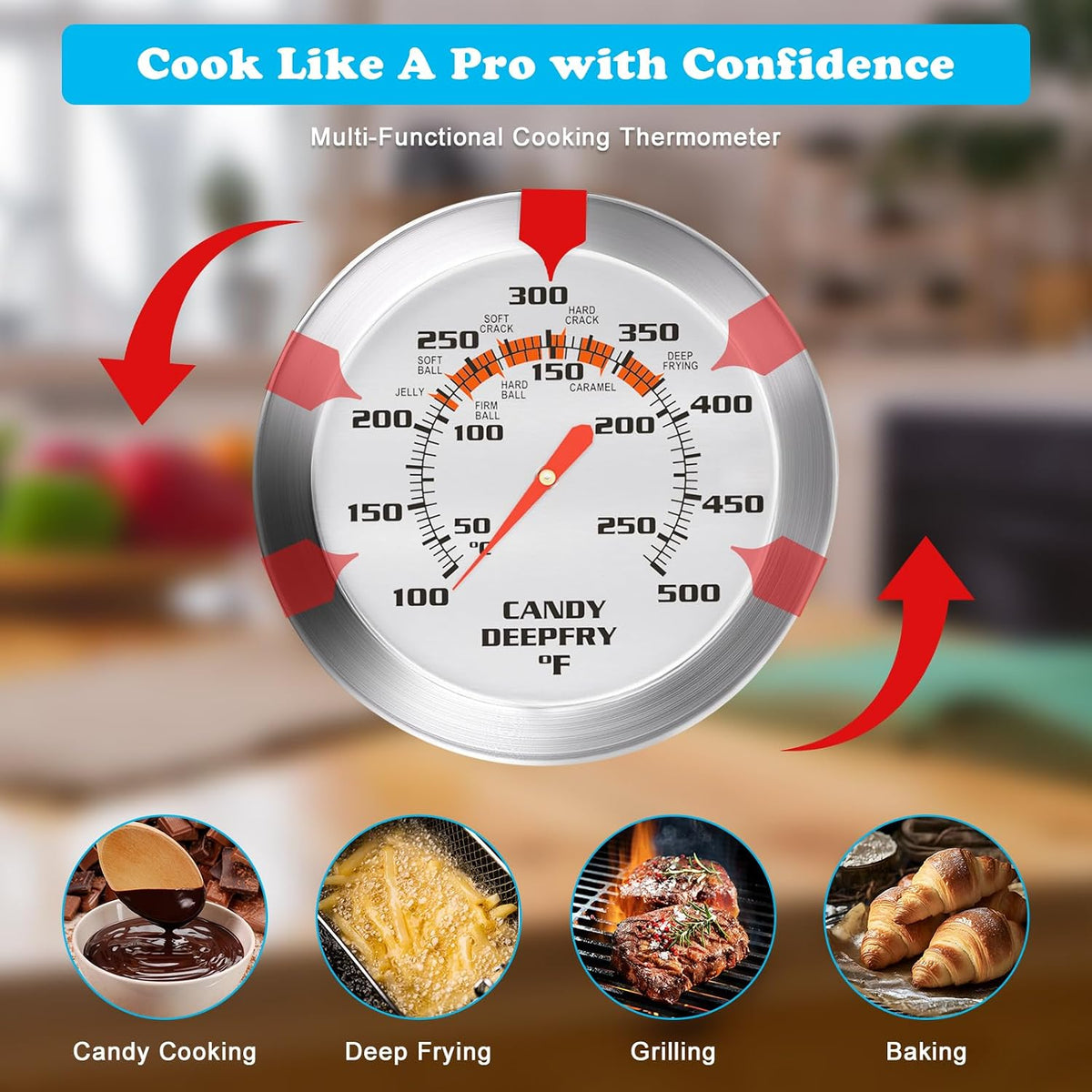 Stainless Steel Candy Thermometer with Pot Clip Deep Fry Oil Thermometer with 9" Long Probe & 2" Dial Accurate Temperature Reading for Cooking Candy Sugar Jelly Syrup Deep Frying Thermometer