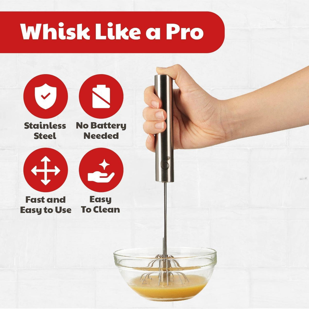 Stainless Steel Push-Down Rotary Egg Beater Hand Whisk 2 Pack 12 & 14 Inch