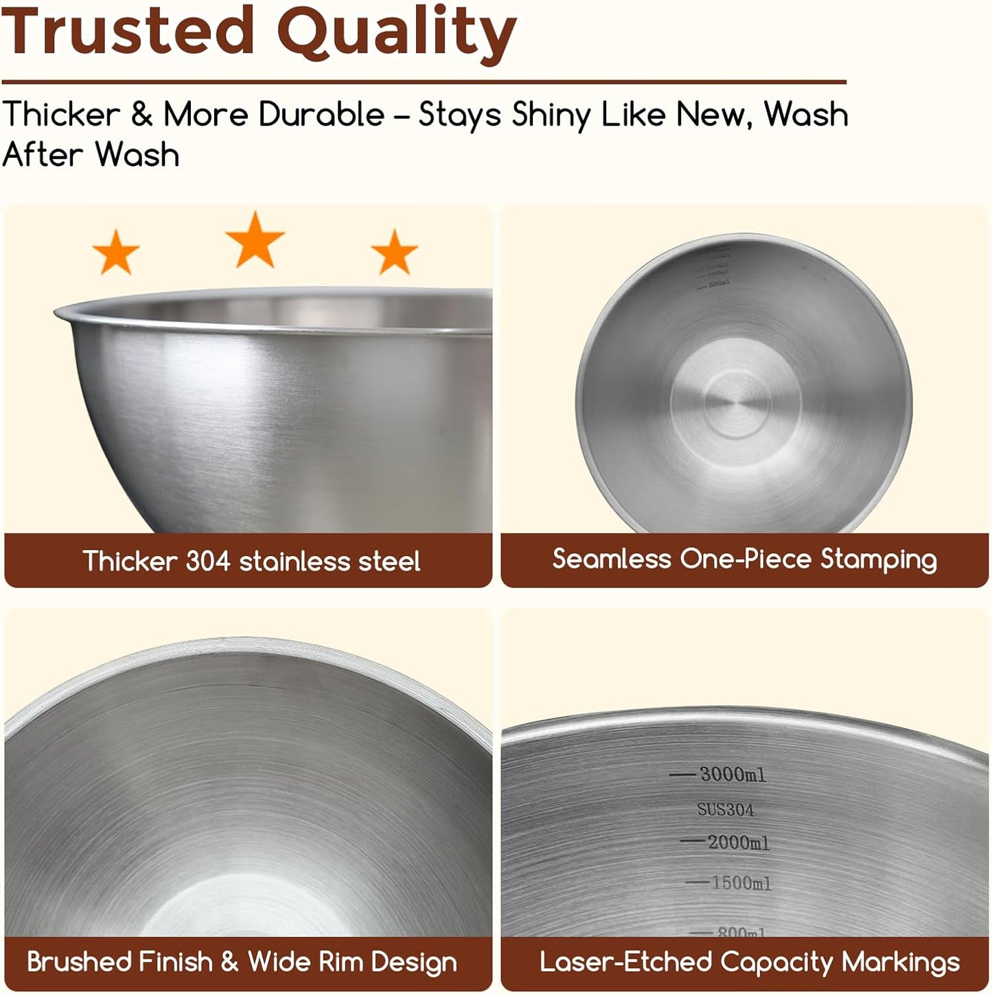 Gronivex 304 Stainless Steel Mixing Bowls, 3-Piece (1.5, 2.2 & 3.4 Qt) | Thicker-Gauge, Food-Grade Metal, Stackable Nesting & Space-Saving – For Kitchen Baking, Salads, Meal Prep, RV & Camping Use