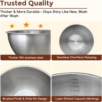 Gronivex 304 Stainless Steel Mixing Bowls, 3-Piece (1.5, 2.2 & 3.4 Qt) | Thicker-Gauge, Food-Grade Metal, Stackable Nesting & Space-Saving – For Kitchen Baking, Salads, Meal Prep, RV & Camping Use