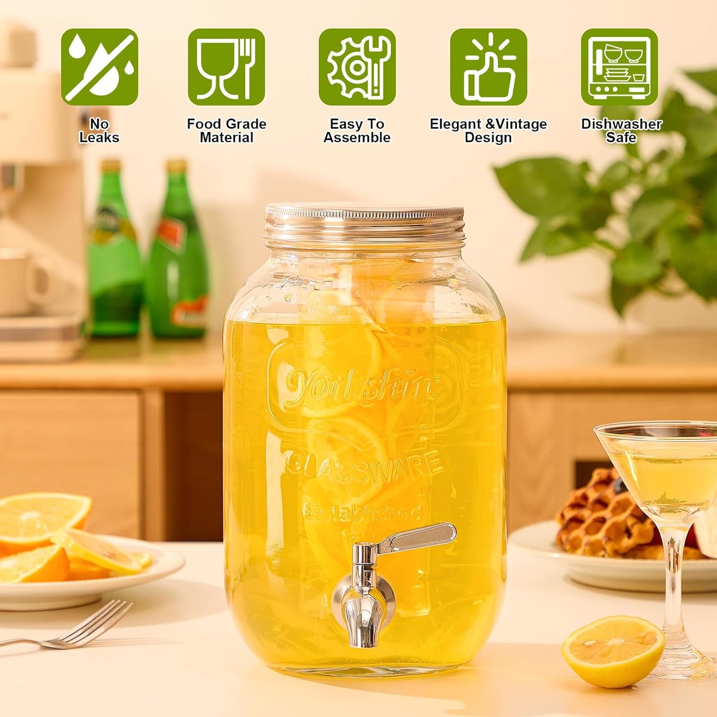 1 Gallon Glass Drink Dispensers for Parties, 2 Pack Beverage Dispenser with Stand, Fruit Infuser & Leakproof Stainless Steel Spigot, Juice Dispenser for Lemonade, Iced Tea, Sun Tea & Infused Water