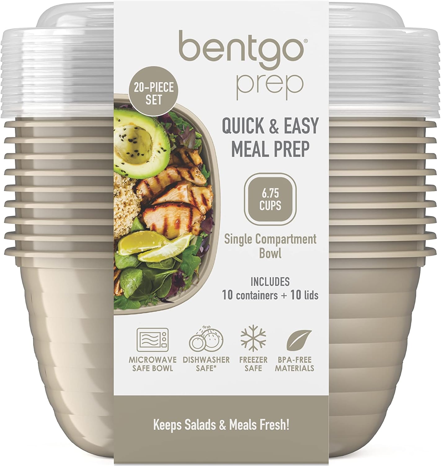 Bentgo Prep - 1-Compartment Bowls with Custom-Fit Lids - Reusable, Microwave Safe, Durable, PFAS & BPA-Free, Freezer & Dishwasher Safe Meal Prep Food Storage - 10 Bowls & 10 Lids (White Stone Tan)