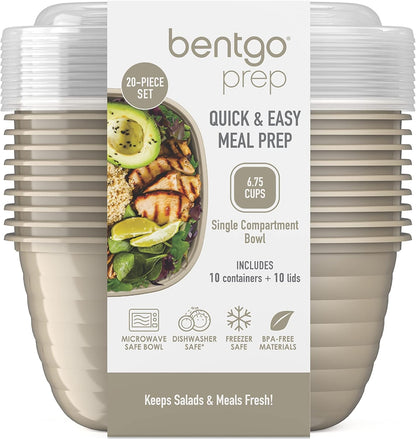 Bentgo Prep - 1-Compartment Bowls with Custom-Fit Lids - Reusable, Microwave Safe, Durable, PFAS & BPA-Free, Freezer & Dishwasher Safe Meal Prep Food Storage - 10 Bowls & 10 Lids (White Stone Tan)