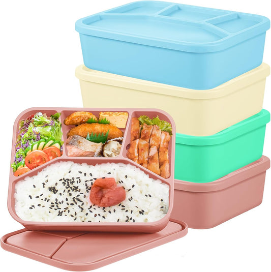 Ziliny 4 Pcs Silicone Bento Box Reusable Lunch Container Smooth Leak Proof Lunch Box Rectangle Bento Boxes for Adult Work Travel Food Meal Compartment Storage, 4 Colors (Classic Colors)