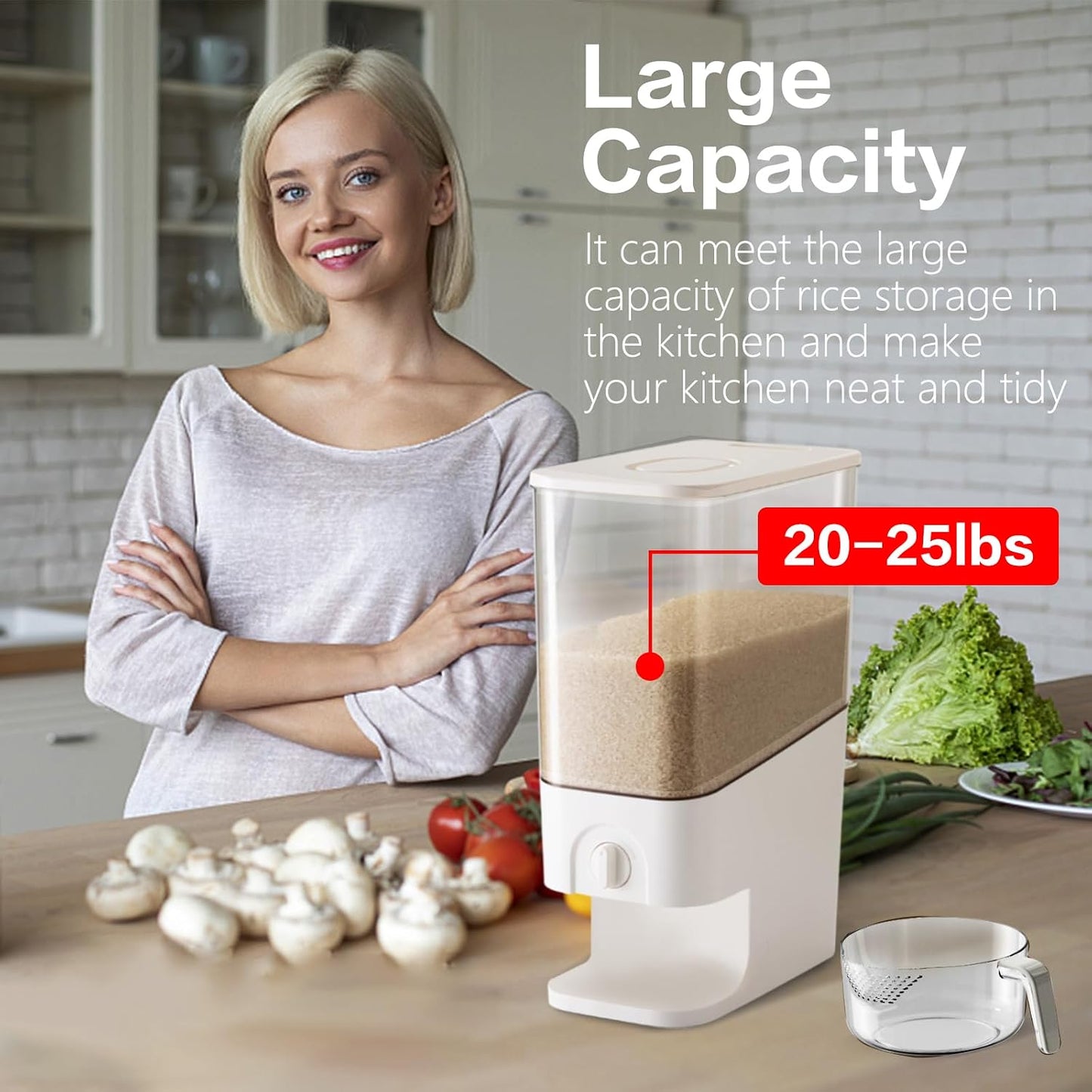 22-25lbs Rice Dispenser, 10.5 Qt/10L/25 lbs Grain Storage Container with Measuring Cup Cereal Dispenser Cereal Bucket for Kitchen Pantry Organization