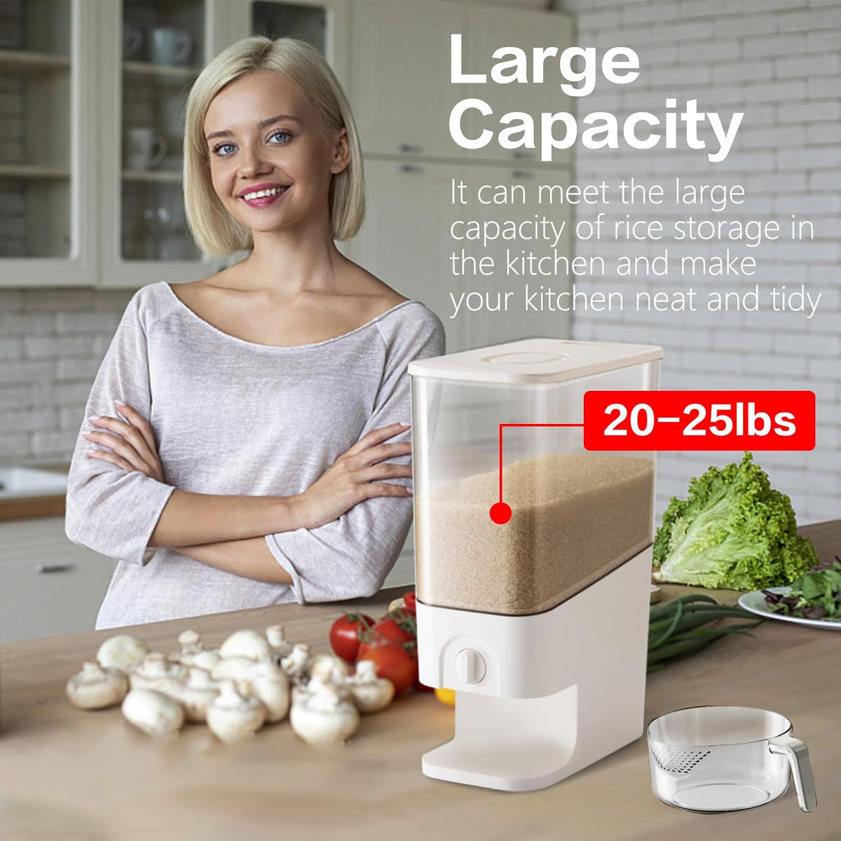 22-25lbs Rice Dispenser, 10.5 Qt/10L/25 lbs Grain Storage Container with Measuring Cup Cereal Dispenser Cereal Bucket for Kitchen Pantry Organization