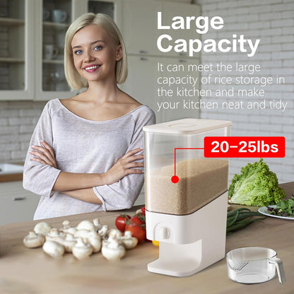 22-25lbs Rice Dispenser, 10.5 Qt/10L/25 lbs Grain Storage Container with Measuring Cup Cereal Dispenser Cereal Bucket for Kitchen Pantry Organization