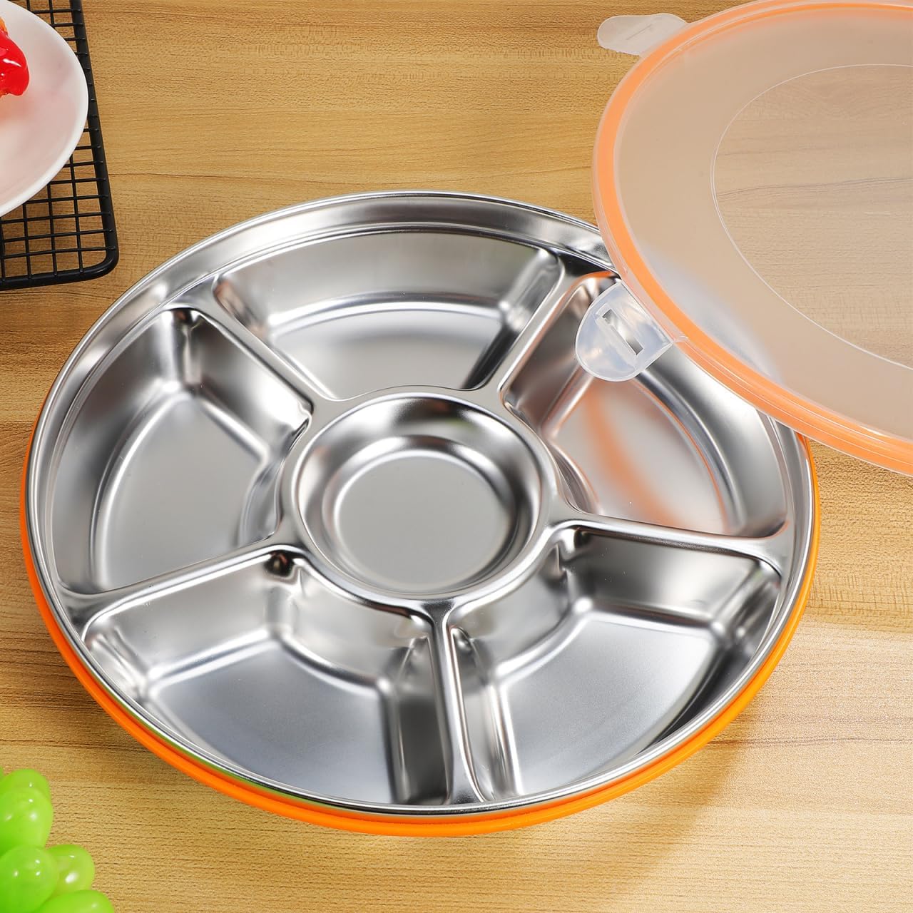 Ipetboom Divided Serving Tray with Lid - Stainless Steel Snack Container Large Veggie Tray with Cover for Family Gatherings Picnics Office Lunches Fresh Food Vegetable Platter Plate - 6 Compartment