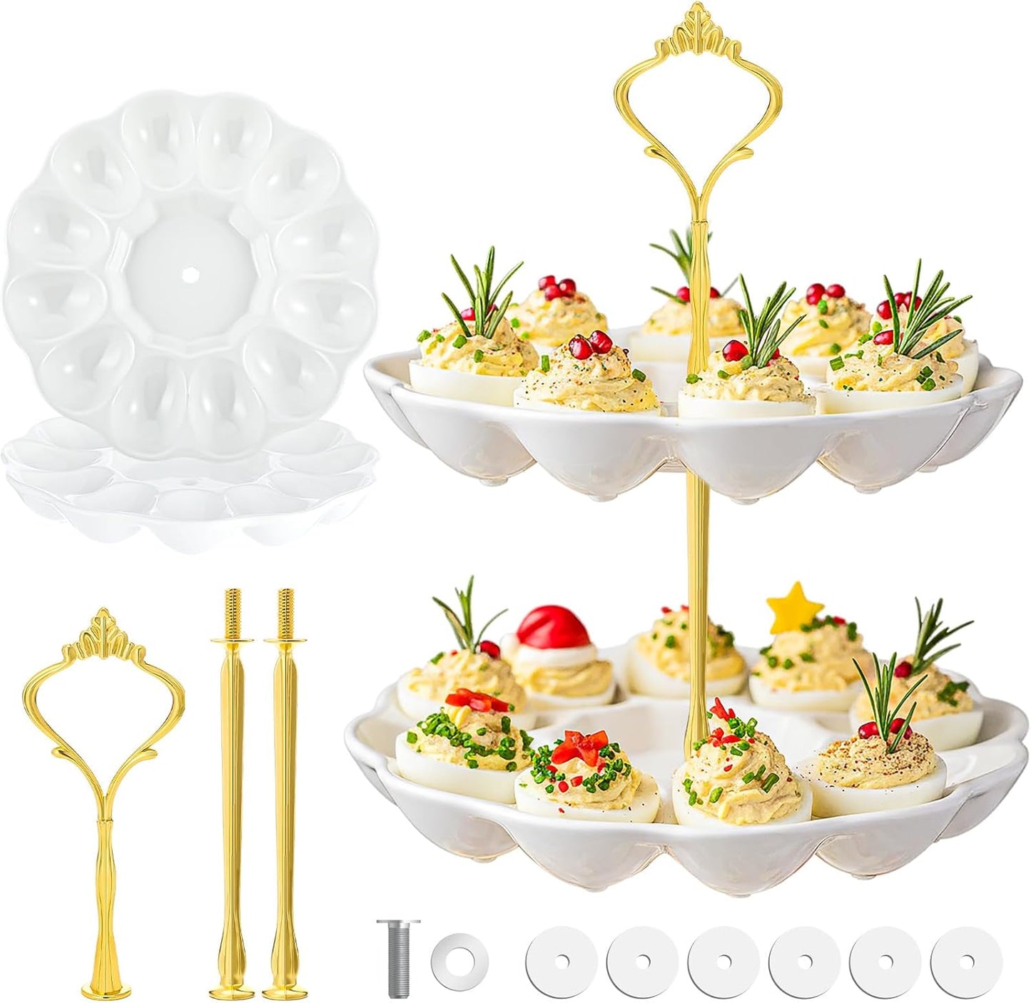 Potchen Multi Tier Ceramic Deviled Egg Platter Deviled Egg Tray Container, Detachable Eggs Holder Tower Wedding Party Food Container for Kitchen Countertop Microwave Dishwasher Freezer(Flower,3 Tier)