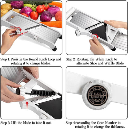 VEKAYA Mandoline Slicer for Kitchen, Stainless Steel Professional Vegetable Slicer with Adjustable Thickness, Safety Gloves & Food Holder, Easy to Clean, Ideal for Potatoes, Onions, Cucumbers