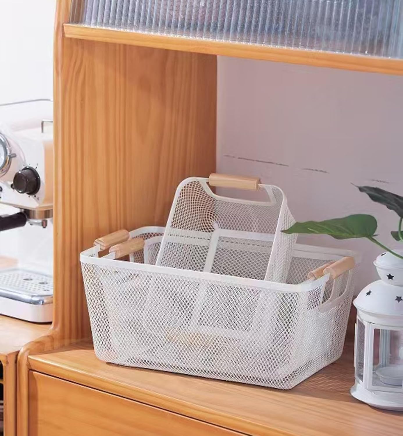 AJIODA Metal Mesh Steel Basket, Large Wire Storage Organizer Basket Multi-function Hanging Kitchen Baskets with Wood Handle for Kitchen Bathroom Picnic Home, Rectangle-Black