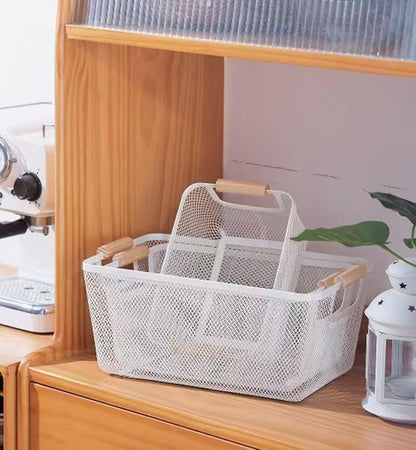AJIODA Metal Mesh Steel Basket, Large Wire Storage Organizer Basket Multi-function Hanging Kitchen Baskets with Wood Handle for Kitchen Bathroom Picnic Home, Rectangle-Off White
