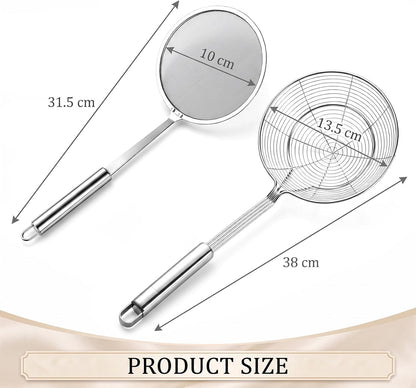 2PCS Stainless Steel Spider Strainer Set, Wire Mesh Skimmer Spoon for Frying, Noodles, Dumplings, Hot Pot & Soup