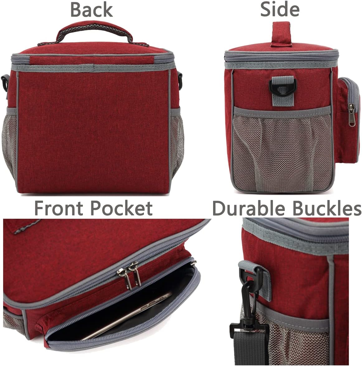 FlowFly Insulated Reusable Lunch Bag Adult Large Lunch Box for Women and Men with Adjustable Shoulder Strap,Front Zipper Pocket and Dual Large Mesh Side Pockets,Cherry - Colors A