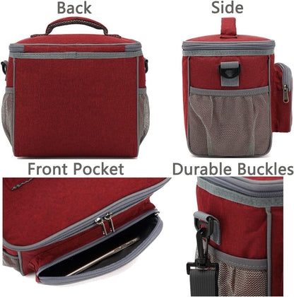 FlowFly Insulated Reusable Lunch Bag Adult Large Lunch Box for Women and Men with Adjustable Shoulder Strap,Front Zipper Pocket and Dual Large Mesh Side Pockets,Cherry - Colors A