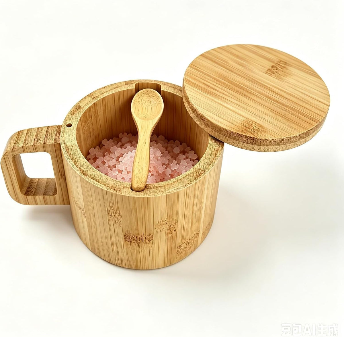 Bamboo Salt Cellar with Handle, 10oz Magnetic Swivel Lid & Spoon