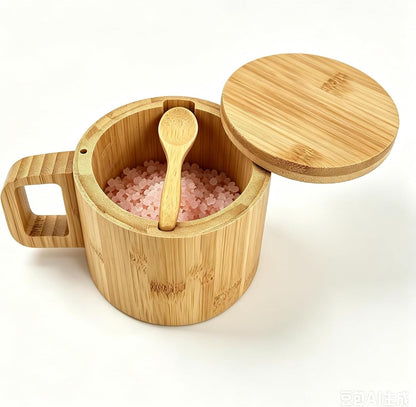 Bamboo Salt Cellar with Handle, 10oz Magnetic Swivel Lid & Spoon