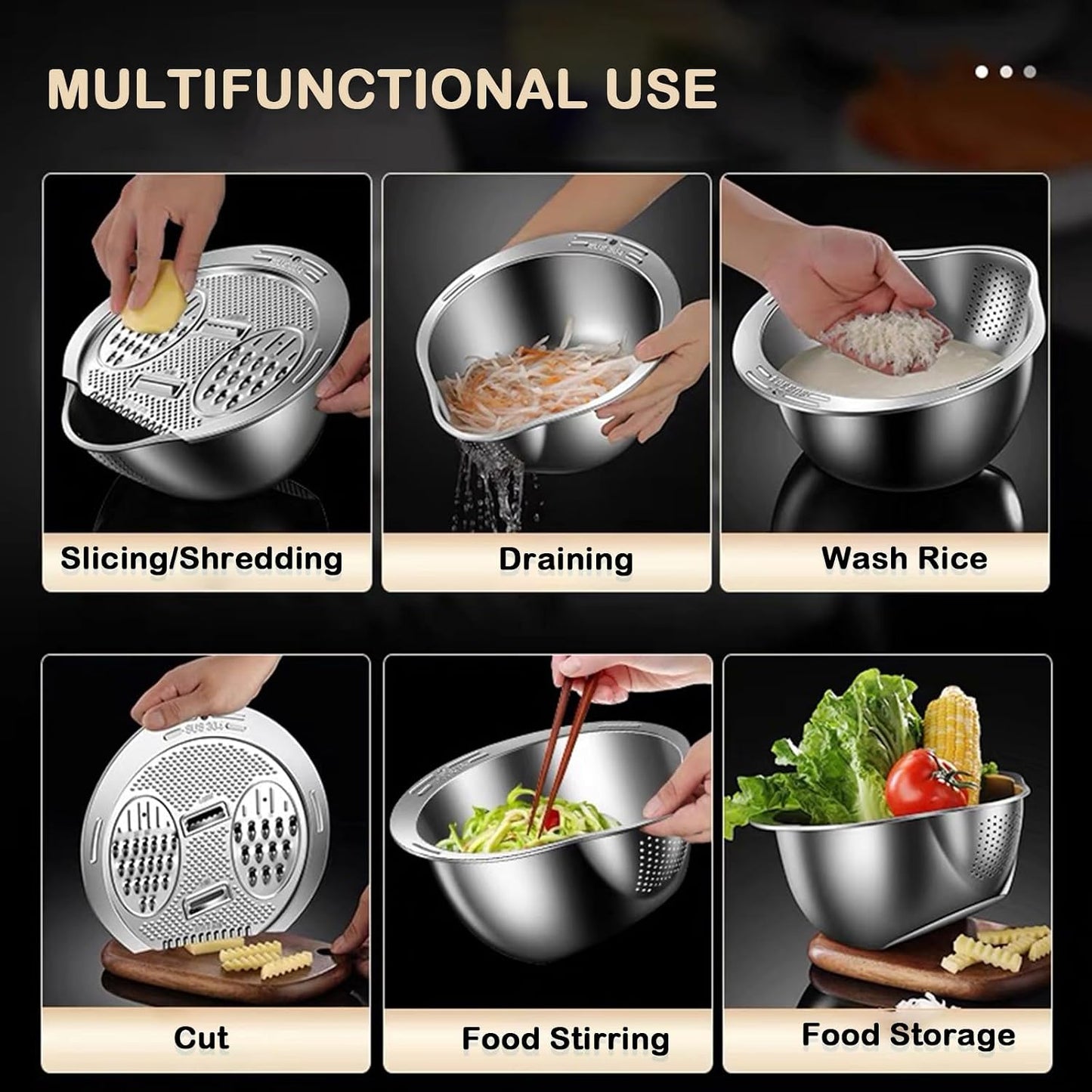Rice Washer Strainer Bowl with Grater, Multipurse Stainless Steel Rice Colander with Side Drainer for Cleaning Quinoa, Fruits, Vegetables, Bean Versatile Kitchen Tool