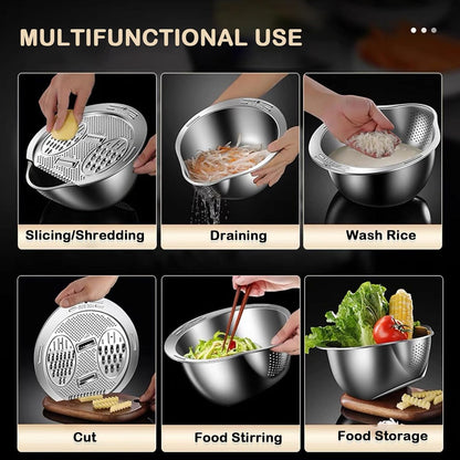 Rice Washer Strainer Bowl with Grater, Multipurse Stainless Steel Rice Colander with Side Drainer for Cleaning Quinoa, Fruits, Vegetables, Bean Versatile Kitchen Tool