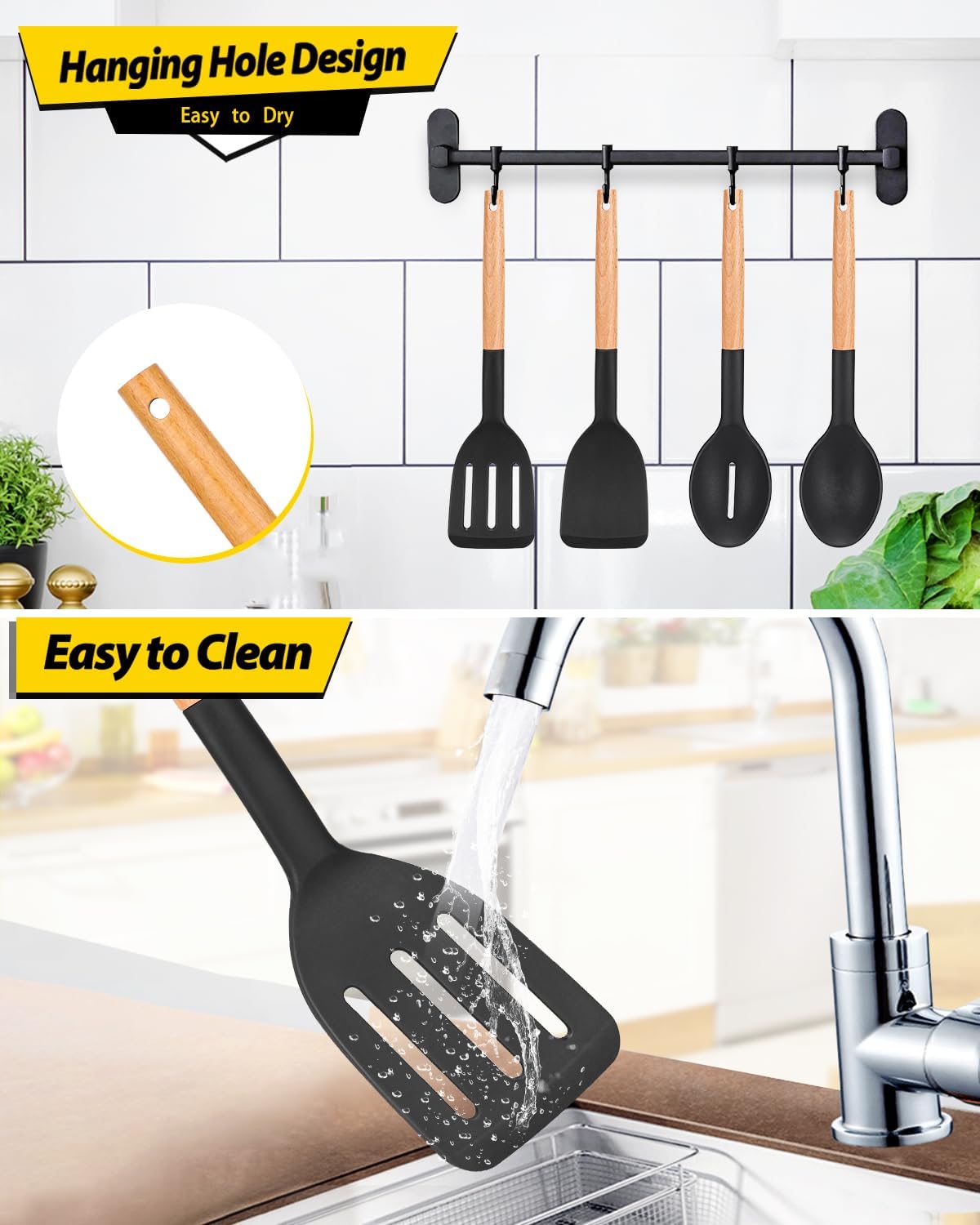 Pack of 4 Silicone Cooking Utensils Set, Non Stick Solid Spatulas and Heat Resistant Slotted Spoons with Wooden Handle, Ideal Wood Kitchen Utensils Set for Frying,Serving,Turning,Stirring (KHAKI)