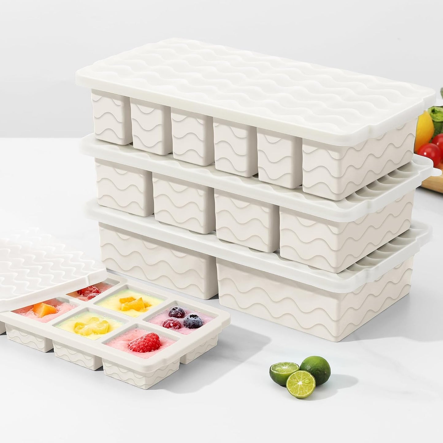 Silicone Freezer Trays with Lid (4-Pack), 1-Cup, 2-Cup, 1/2-Cup & 2-Tbsp Silicone Freezer Molds, Stackable Soup Freezer Meal Prep Containers,Ice Cube Tray for Making Sauce,Smoothies,Yogurt Bites