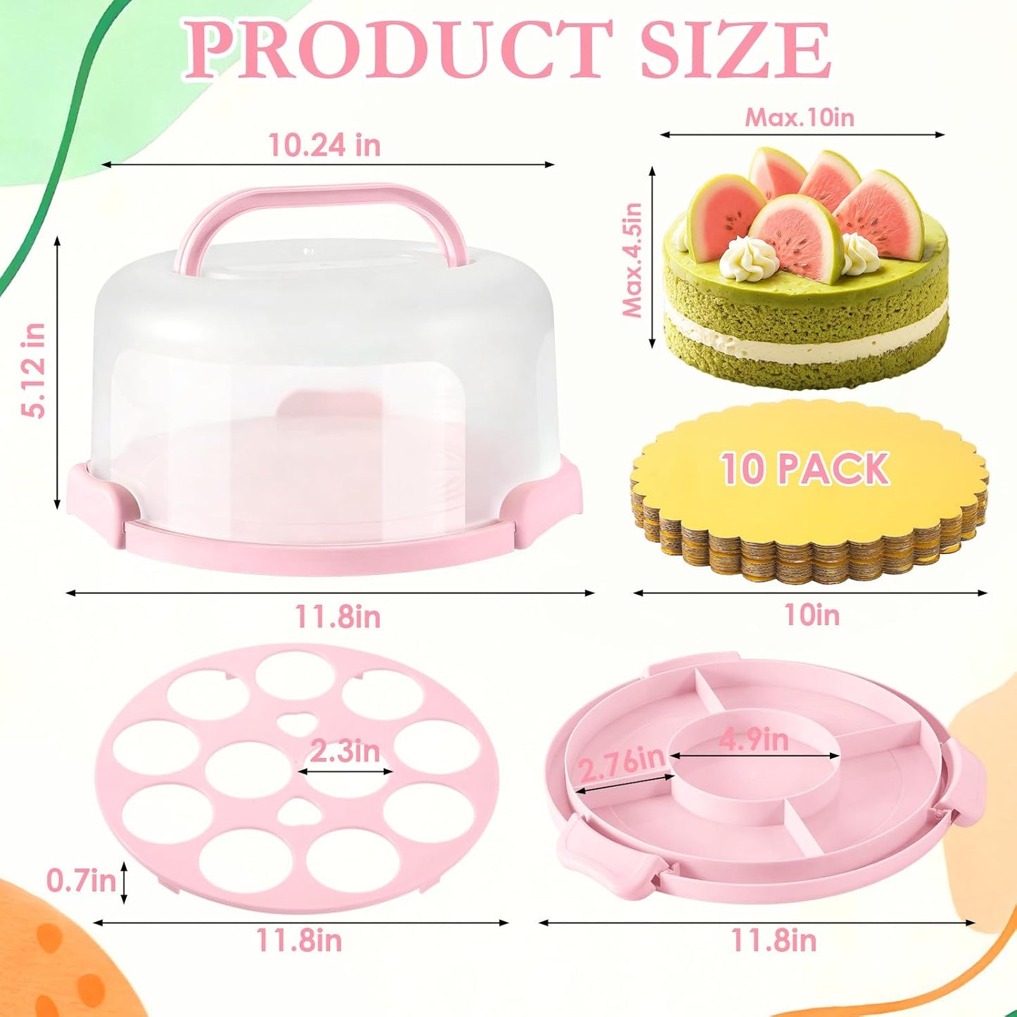 10 Inch Cake Carrier with Lid and Handle, Round Cake Container Cake Cover with 10 Inch Cake Boards & Cupcake Carrier, Portable Cake Holder with Lid for Transport Pie Nuts Fruit, Green
