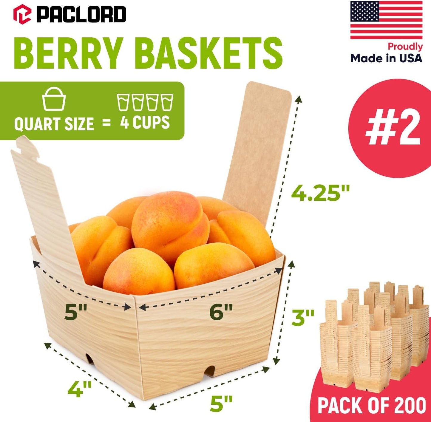 USA-Made Quart-Size Berry Baskets with Handles, Pack of 25 - 2 lbs Capacity Produce Basket for Fruits, Berries & Veggies - Premium Berry Container for Farmers Markets or Product Displays