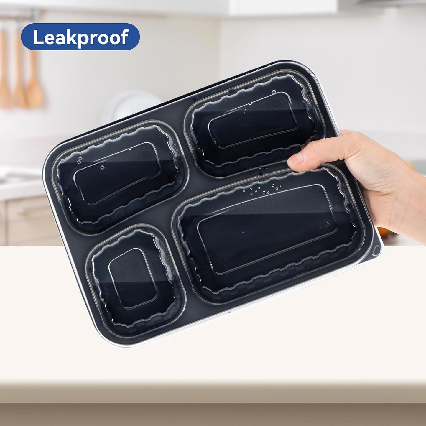 Take Out Containers 38 oz 40 Pack - Shrink Wrapped 3 Compartment Leakproof Catering | BPA Free PP Plastic Microwave & Freezer Safe | Flexible Reusable Commercial Black Lunch Boxes with Lid