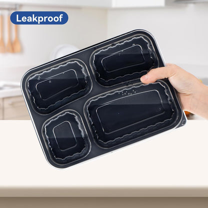Take Out Containers 38 oz 40 Pack - Shrink Wrapped 3 Compartment Leakproof Catering | BPA Free PP Plastic Microwave & Freezer Safe | Flexible Reusable Commercial Black Lunch Boxes with Lid