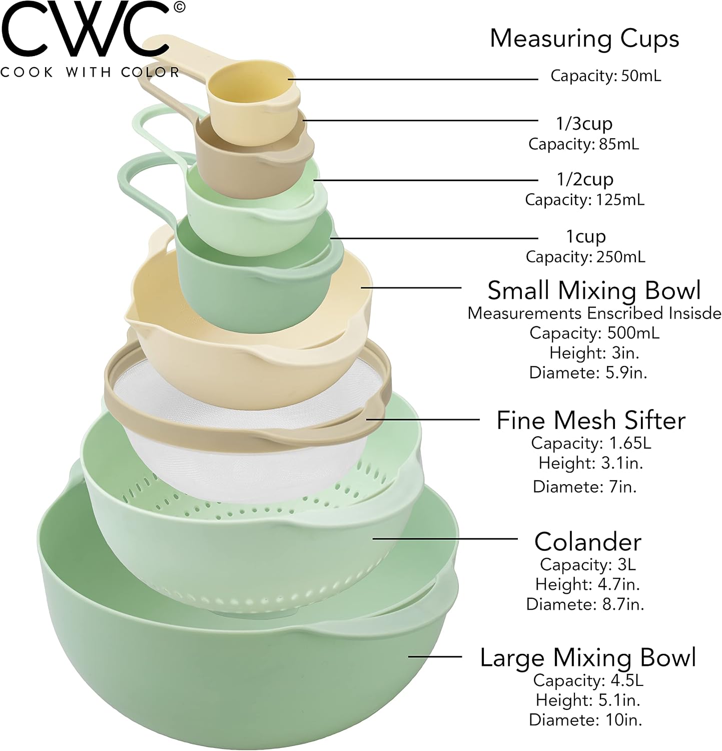 COOK WITH COLOR Nesting Bowls with Measuring Cups Colander and Sifter Set - Includes Mixing Bowls, Colander, Sifter and Measuring Cups, Navy, 8 Pc Bowl