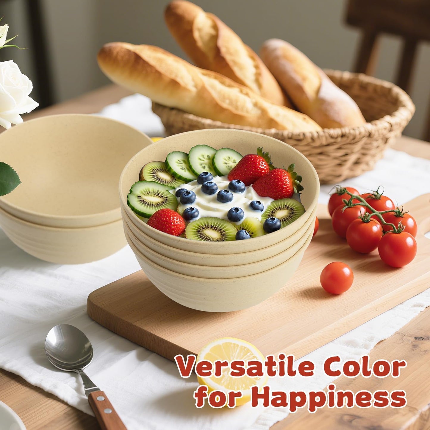 Wrova Wheat Straw Bowls for Kitchen set of 6,Anti-Scald Thick Soup Bowls 40oz,Microwave and Dishwasher Safe Bowl Sets, Unbreakable Cereal Bowl Sets. Vibrant Series
