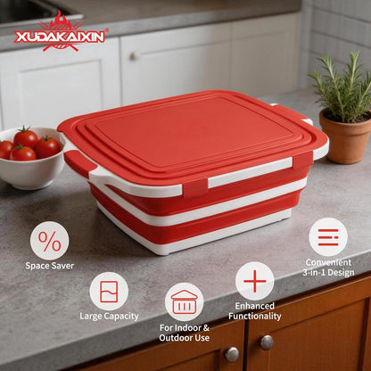 XUDAKAIXIN Collapsible BBQ Prep Tub for Meal Prep, Marinating,Food Storage, picnics, camping, barbecues,cutting fruits and vegetables - Includes Cutting Board and Locking Lid,(X-Large) Black