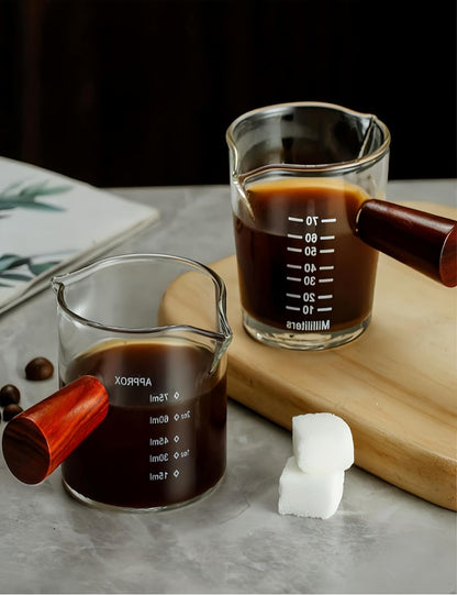 2 Piece Set 3oz Wooden Handle Double Mouthed Espresso Shot Glass, Espresso Measuring Cup, Small Transparent Glass Espresso Accessories for Machine, Milk Frother