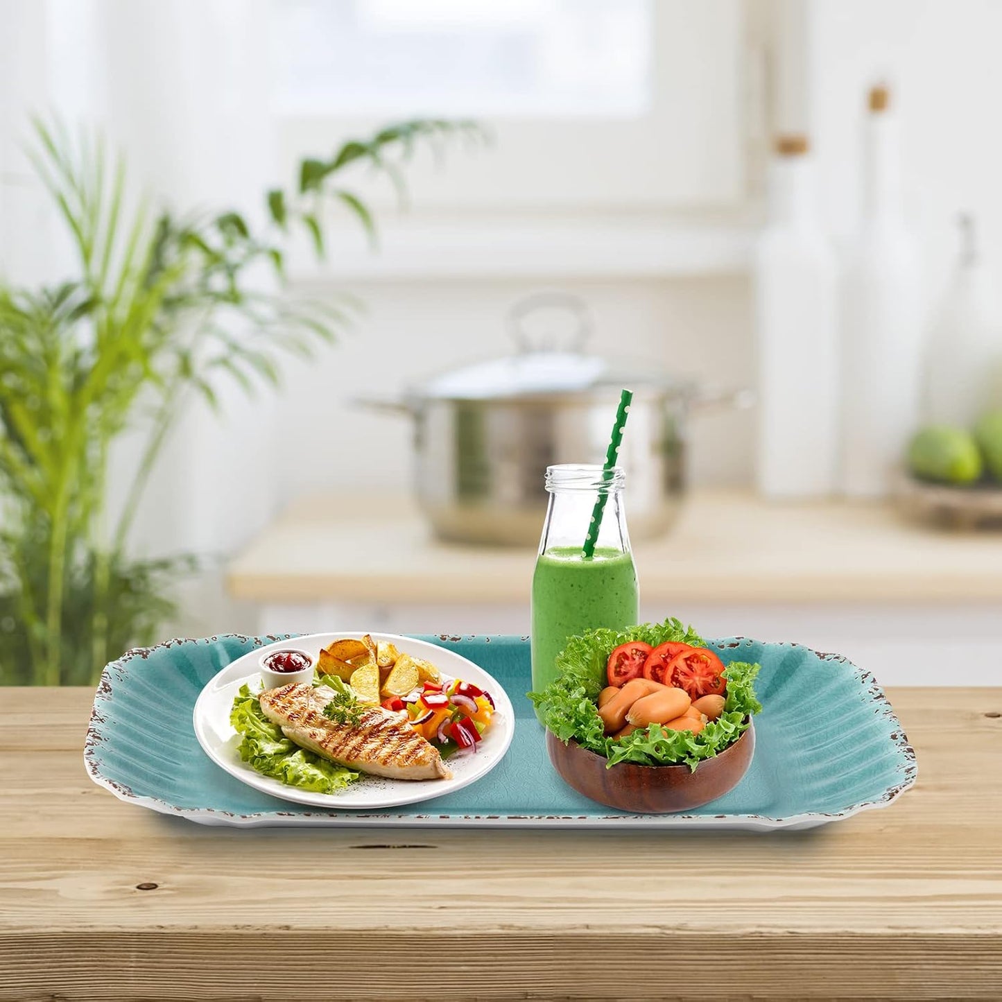 Gourmet Art Crackle Set of 2 100% melamine rectangular serving trays/platters Aquamarine 12"