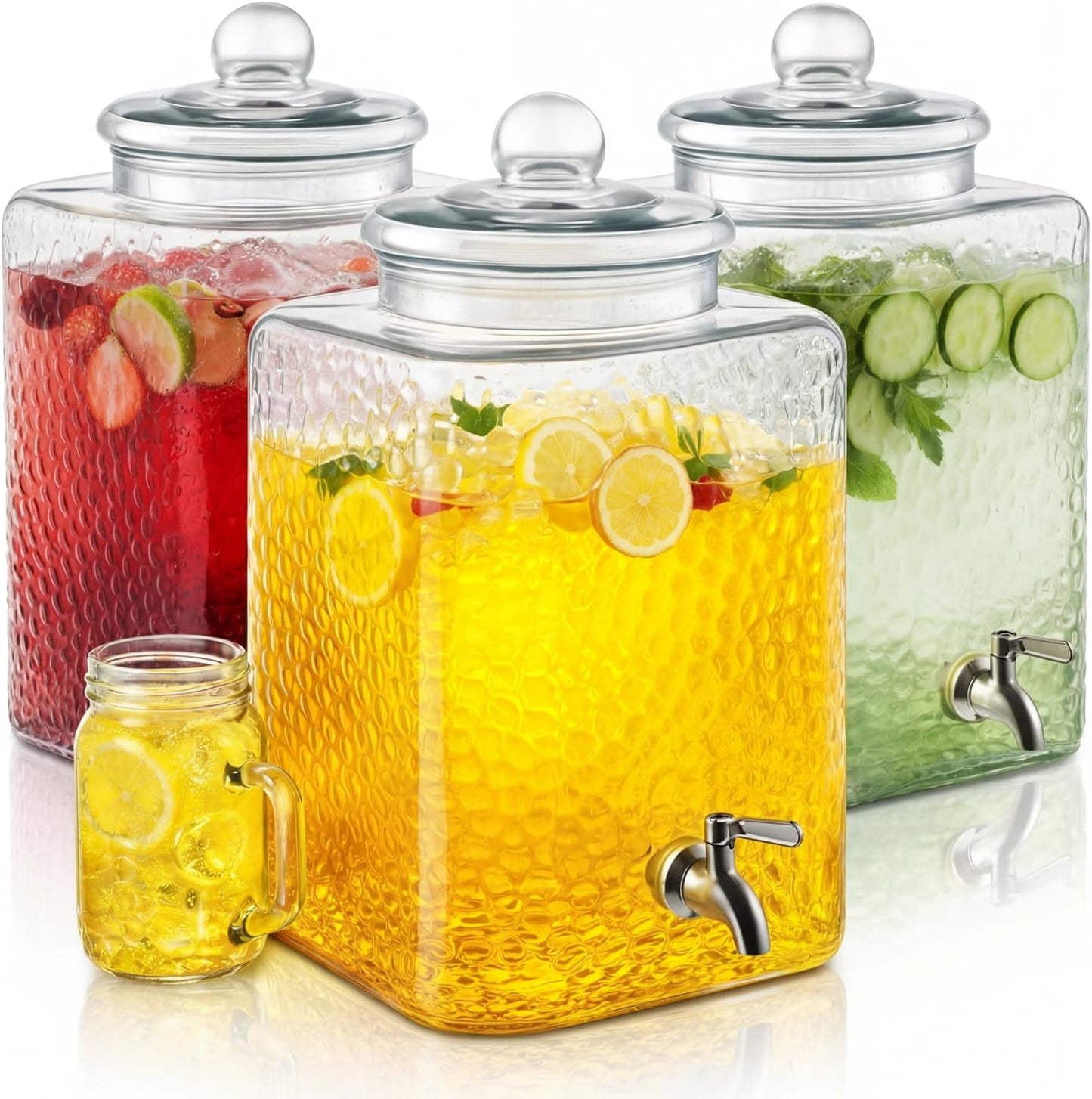 3 Pack 5 Gallon Glass Water Drink Dispenser for Party, Hammered Glass Beverage Dispenser, Water Jug Container with Stainless Steel Spigot for Parties, Weddings, Catering, Lemonade, Iced Tea