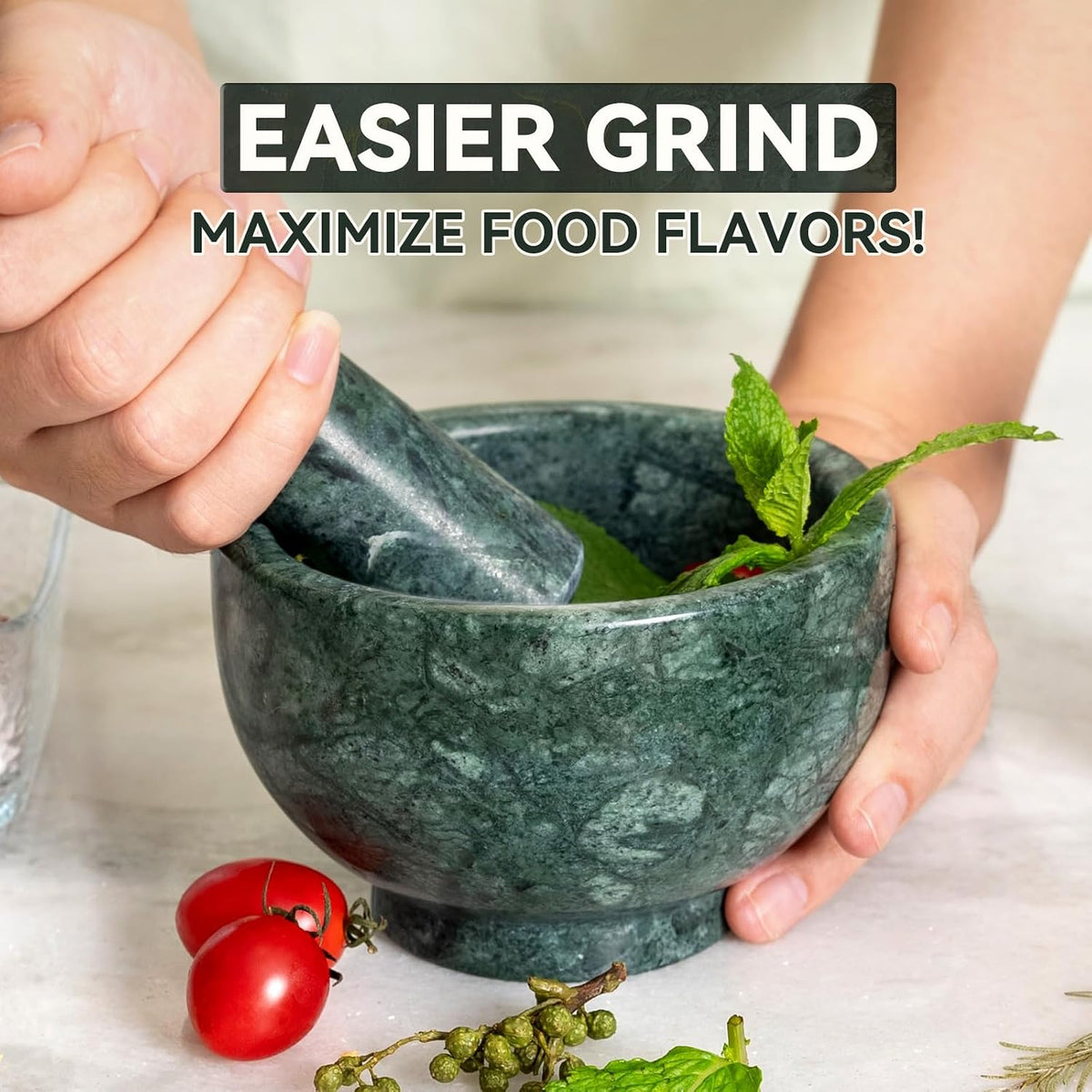 Koville Luxury Marble Mortar and Pestle Set, 7"-4cups Grinder Bowl for Guacamole, Salsa, Pill Crusher, Spice, Herb, Garlic, Nut, Heavy Duty Grinder for Kitchen