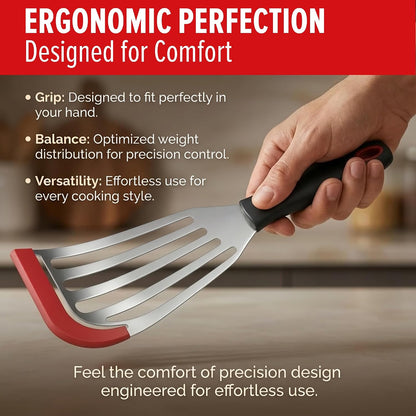 2pcs Silicon Fish Spatula | Heat Resistant | Stainless Steel Turner with Black Handle, Silicone Edge, Thin Slotted Metal Flipper for Nonstick Cookware, Fish, Omelets, Egg, Pancake, Steak