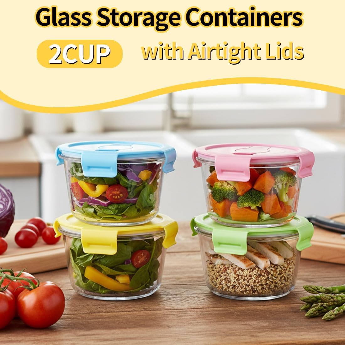 Small Round Glass Food Storage Containers with Lids, 1.5 Cup Round Food Containers set BPA-Free, 12oz Glass Lunch Bowls for Soup Leftover, Microwave, Dishwasher and Freezer Safe (4pack)