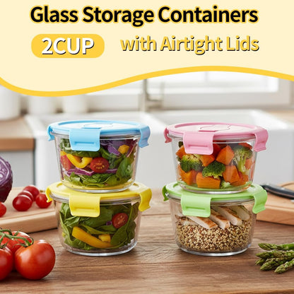 Small Round Glass Food Storage Containers with Lids, 1.5 Cup Round Food Containers set BPA-Free, 12oz Glass Lunch Bowls for Soup Leftover, Microwave, Dishwasher and Freezer Safe (4pack)