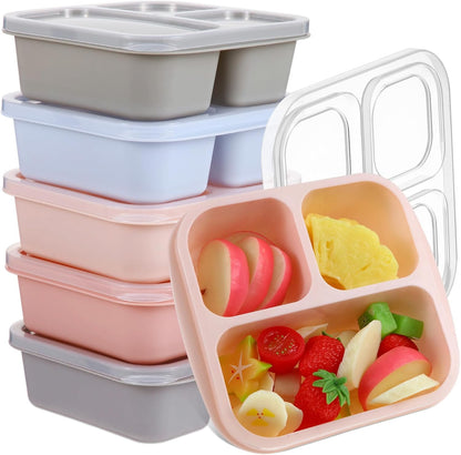 Honeydak 5 Pack Snack Containers 3 Compartment Bento Snack Boxes Divided Meal Prep Containers with Lids Reusable Adults Lunch Food Storage Box for School Work Travel(Elderberry)