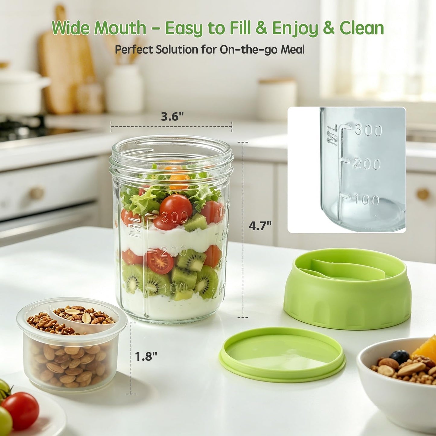 Overnight Oats Containers with Lids and Spoons - 4 Pack 16 oz Glass Mason Jars with Separate Compartments Airtight Overnight Oat Jars Leakproof Yogurt Parfait Cup for Oatmeal Chia Pudding Cereal Salad