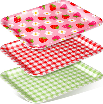 Tioncy 3 Pcs Strawberry Birthday Party Plates Pink Plastic Serving Tray for Summer Berry First Birthday Decoration, 13 x 10 Inch