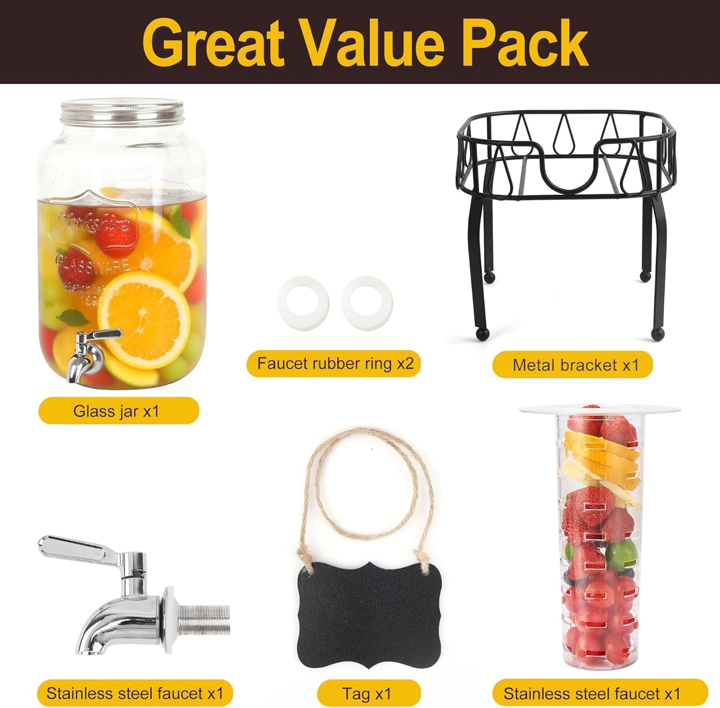1 Gallon Glass Drink Dispensers for Parties, 2PACK Beverage Dispenser with Stand, Ice Cylinder and Stainless Steel Spigot 100% Leakproof, Beverage Dispenser for Lemonade Sun Tea