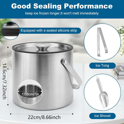 4L Stainless Steel Ice Bucket With Lid, Insulated Double-Wall Ice Buckets with Scoop & Tongs for Parties, Portable Ice Container for Chilled Champagne Wine Drink, Ideal for Home/Activities/Bar Freezer