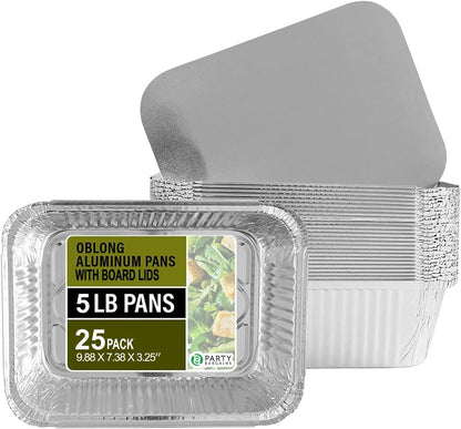 PARTY BARGAINS 4 lb Aluminum Pans with Board Lids, 50 Pack – 12 x 8 in Disposable Foil Roasting & Steam Table Pans for Catering, Takeout, Meal Prep, Oven Safe up to 240°C